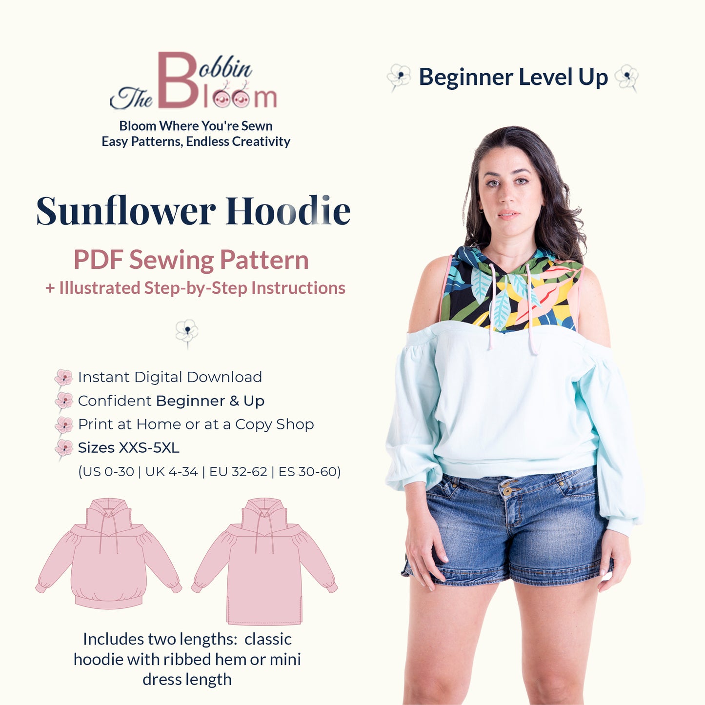 Sunflower Hoodie PDF sewing pattern with a model wearing the hoodie on a white background