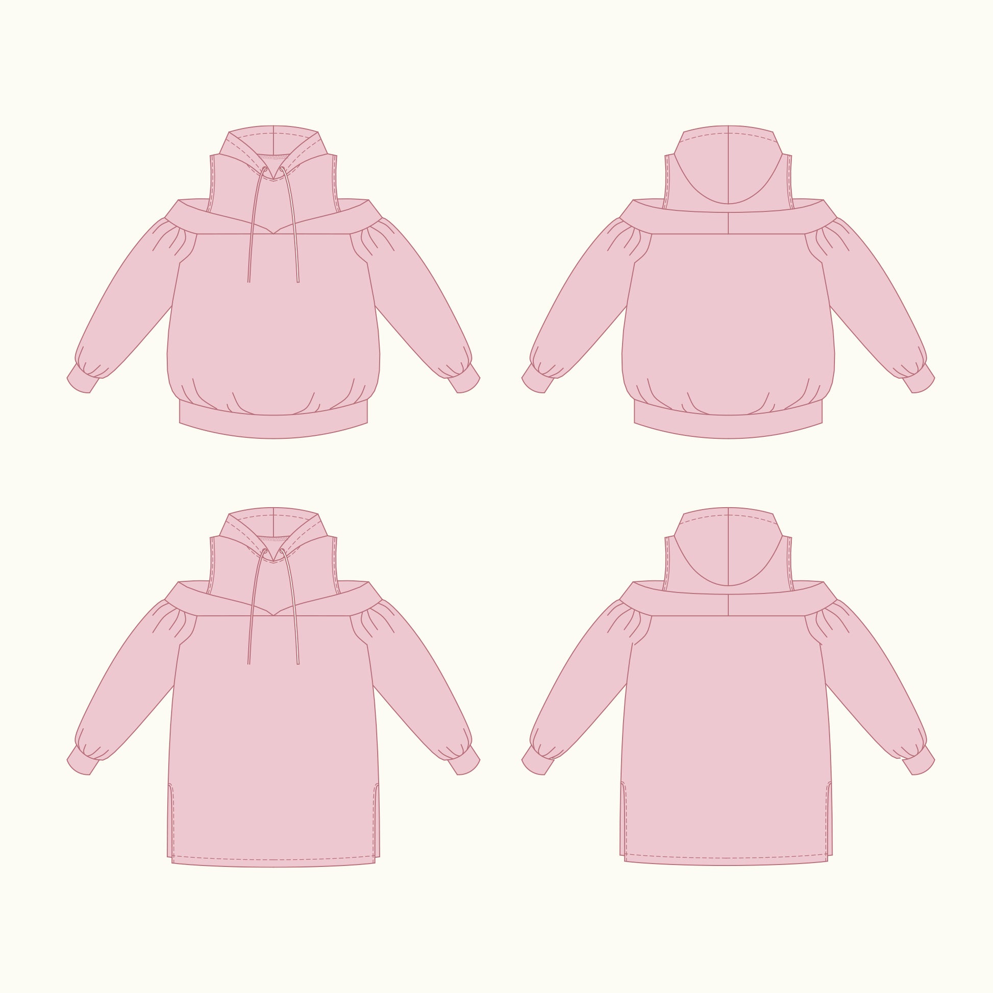 Pink hoodie shown from front, back, views and two length