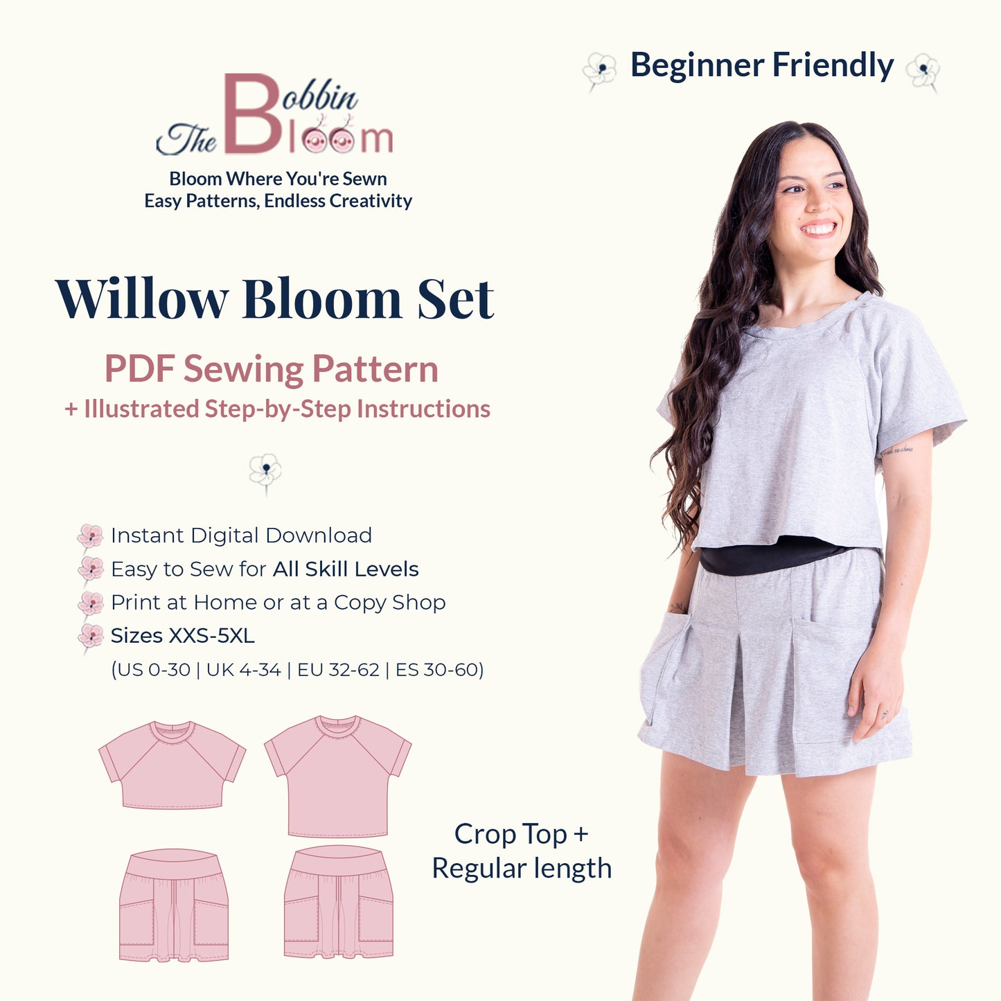 Woman wearing a gray crop top and skirt with sewing pattern information on a white background