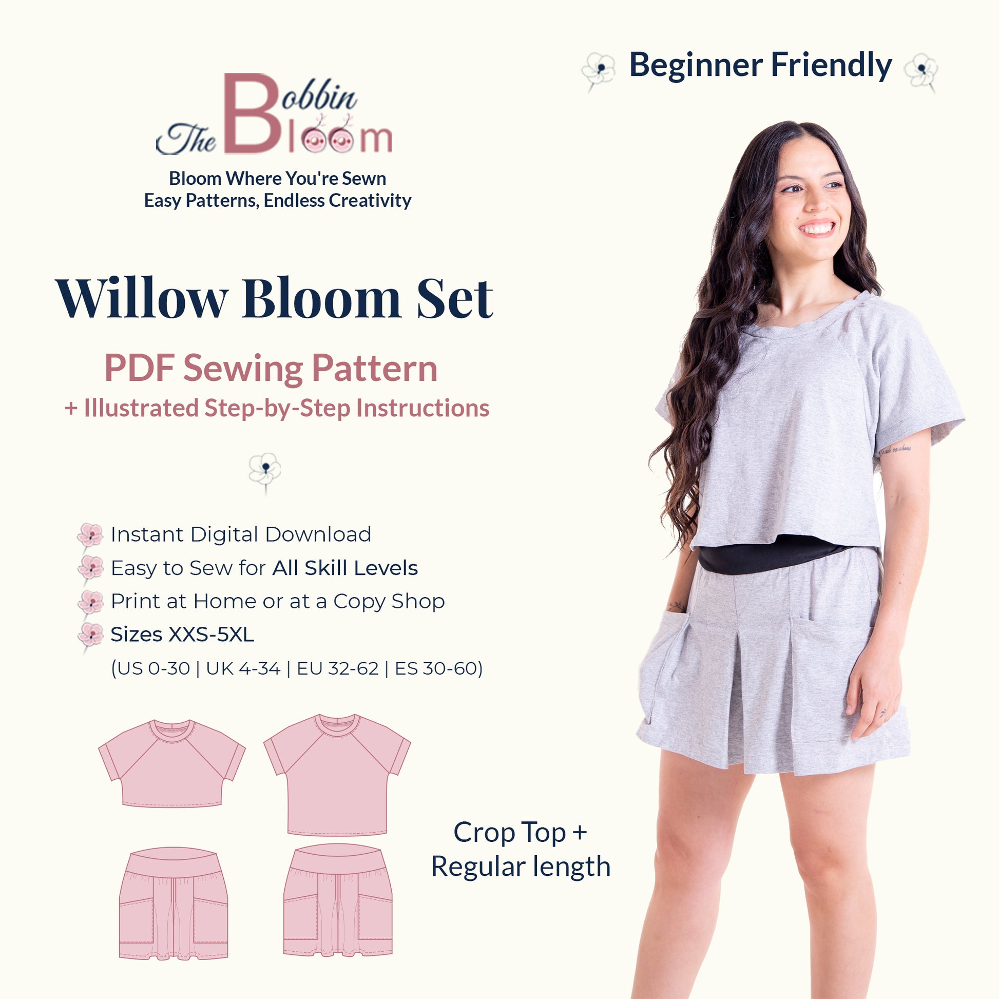 Woman wearing a gray crop top and skirt with sewing pattern information on a white background