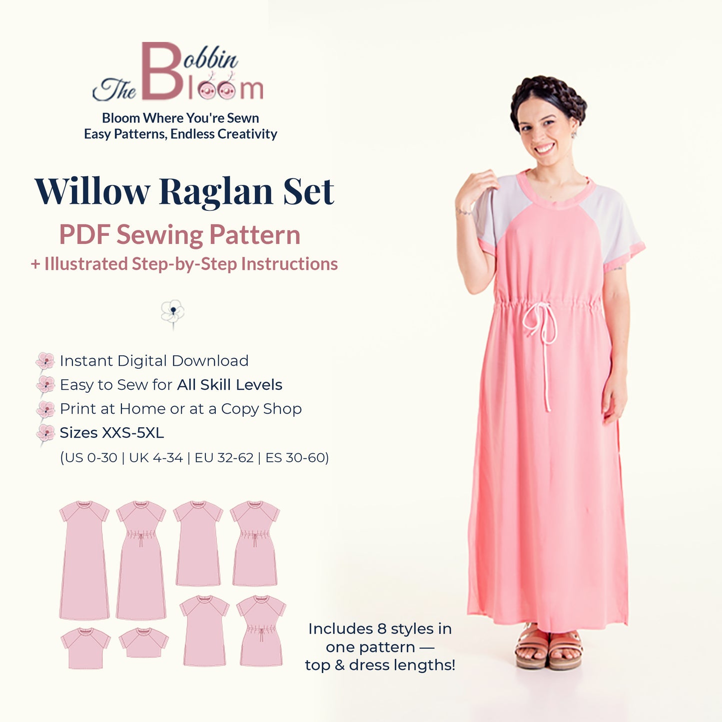 Willow raglan set sewing pattern details and information card - dress, shirt, and crop top versions