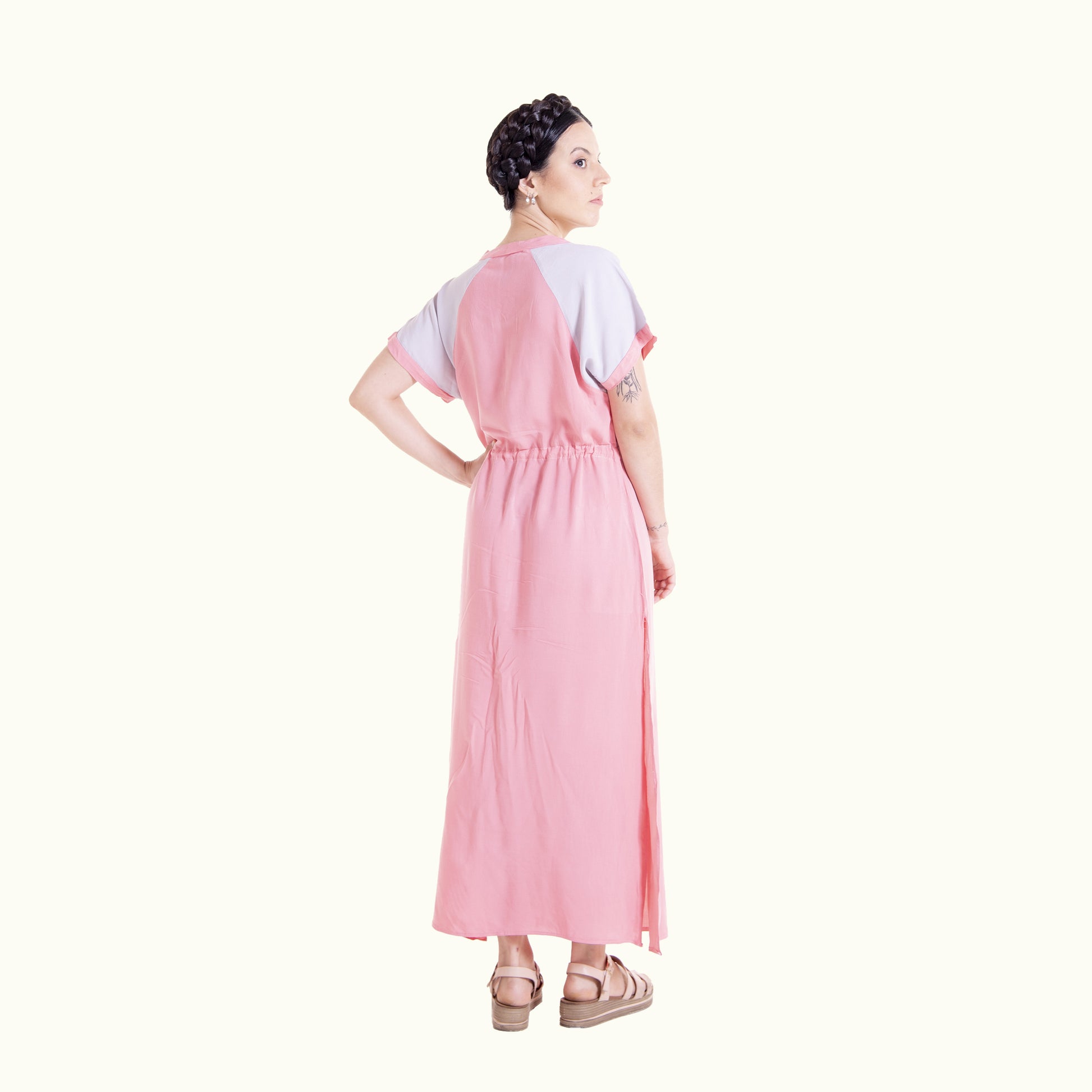 Back view of pink Willow raglan maxi dress showing raglan sleeves