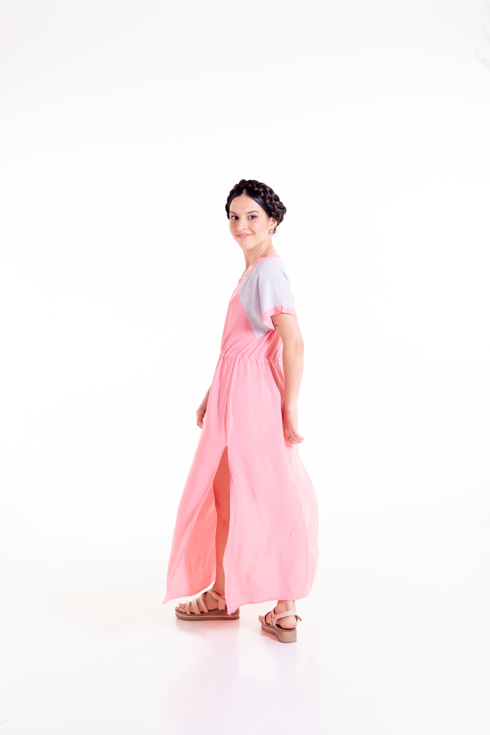 Side view of pink Willow raglan maxi dress - full length styling
