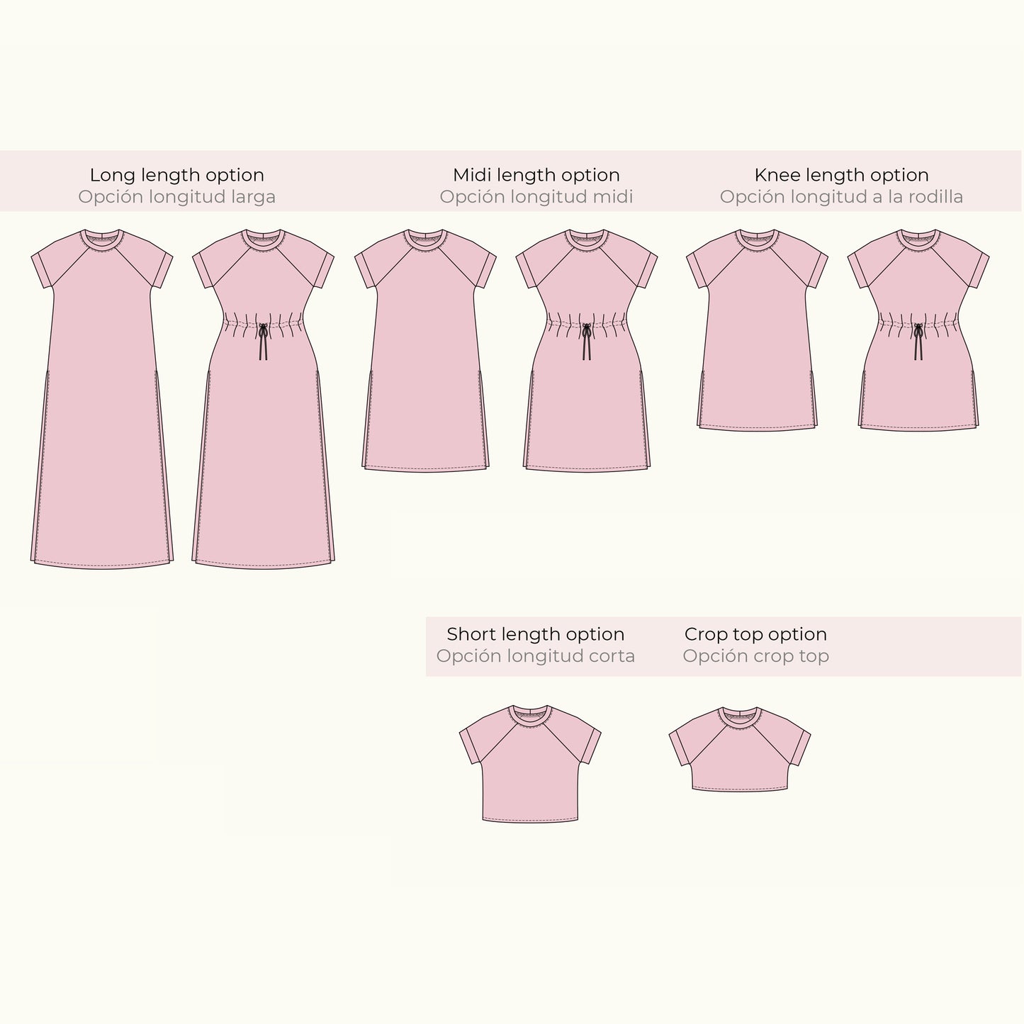 Willow raglan set technical illustration and flat sketches - maxi dress, shirt, and crop top versions