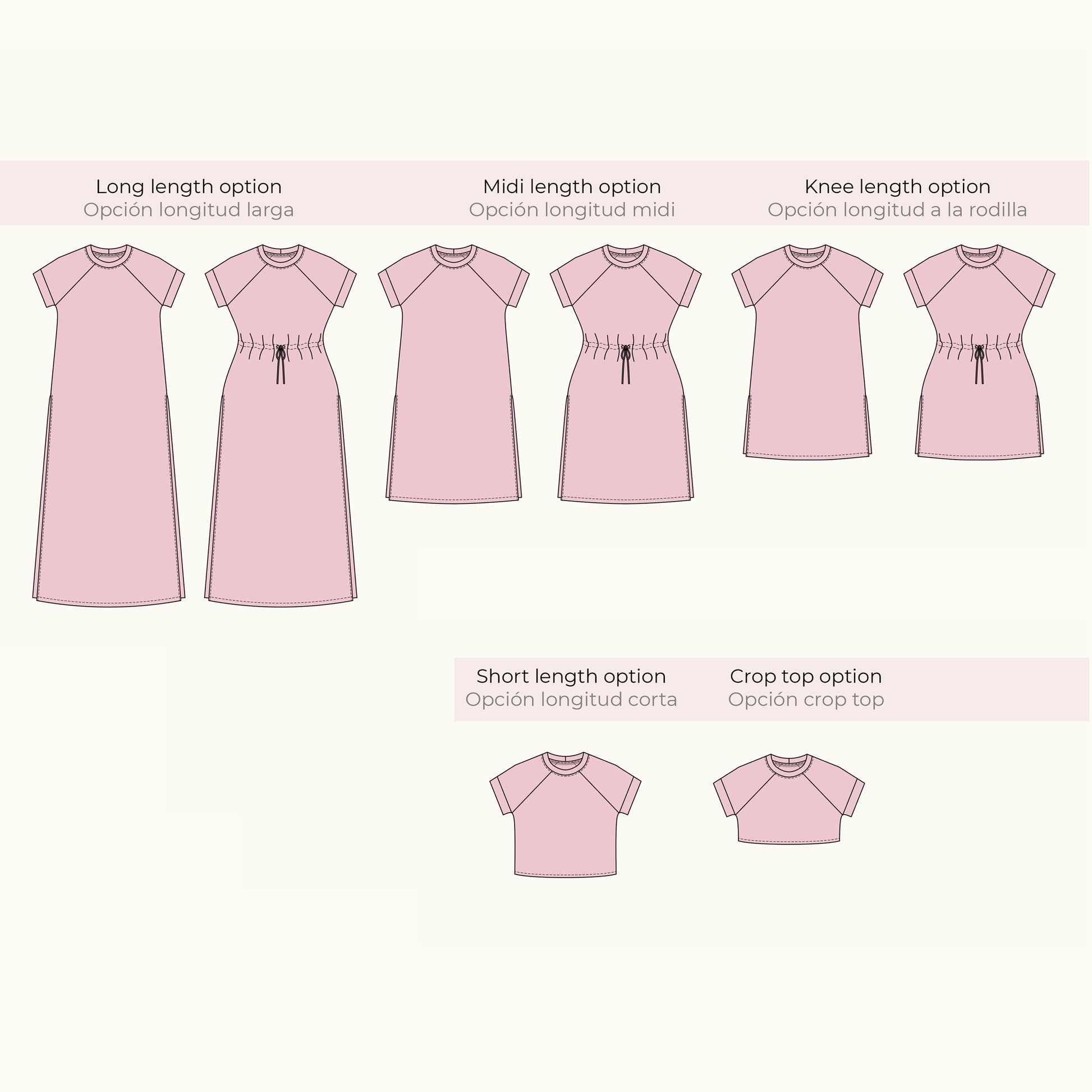 Willow raglan set technical illustration and flat sketches - maxi dress, shirt, and crop top versions