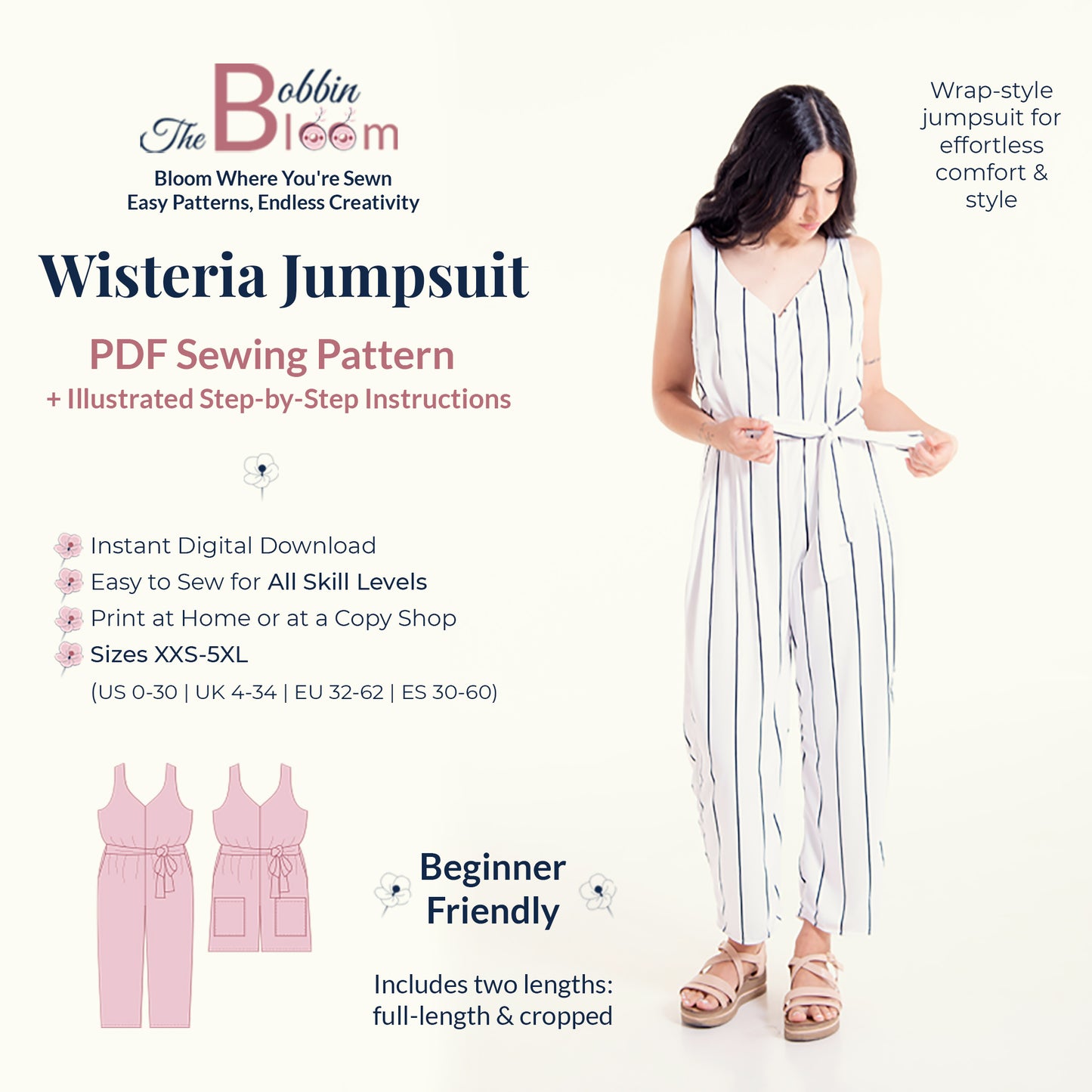 Wisteria wrap jumpsuit sewing pattern details and information card - long and short versions