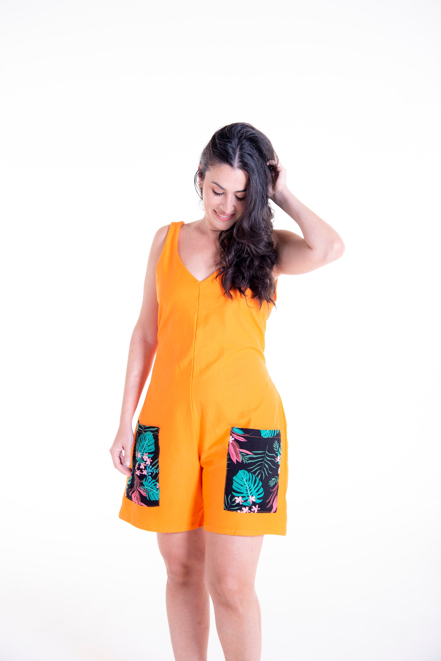 Orange Wisteria wrap jumpsuit short version with pockets - front view