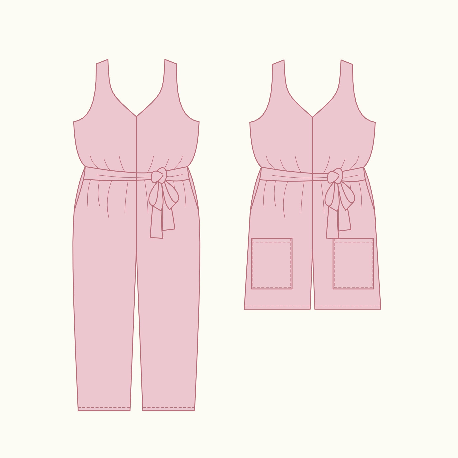 Wisteria wrap jumpsuit technical illustration and flat sketches - front and back view