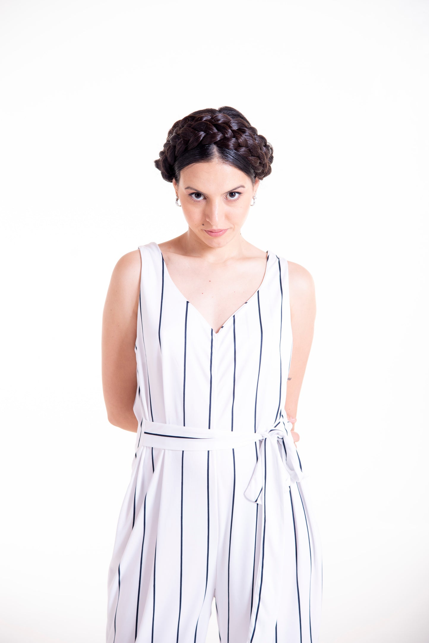 White striped Wisteria wrap jumpsuit long version showing belt and waist detail